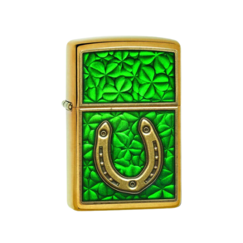 Zippo Horseshoe & Clovers Brushed Brass Emblem Full Size Lighter - 29243